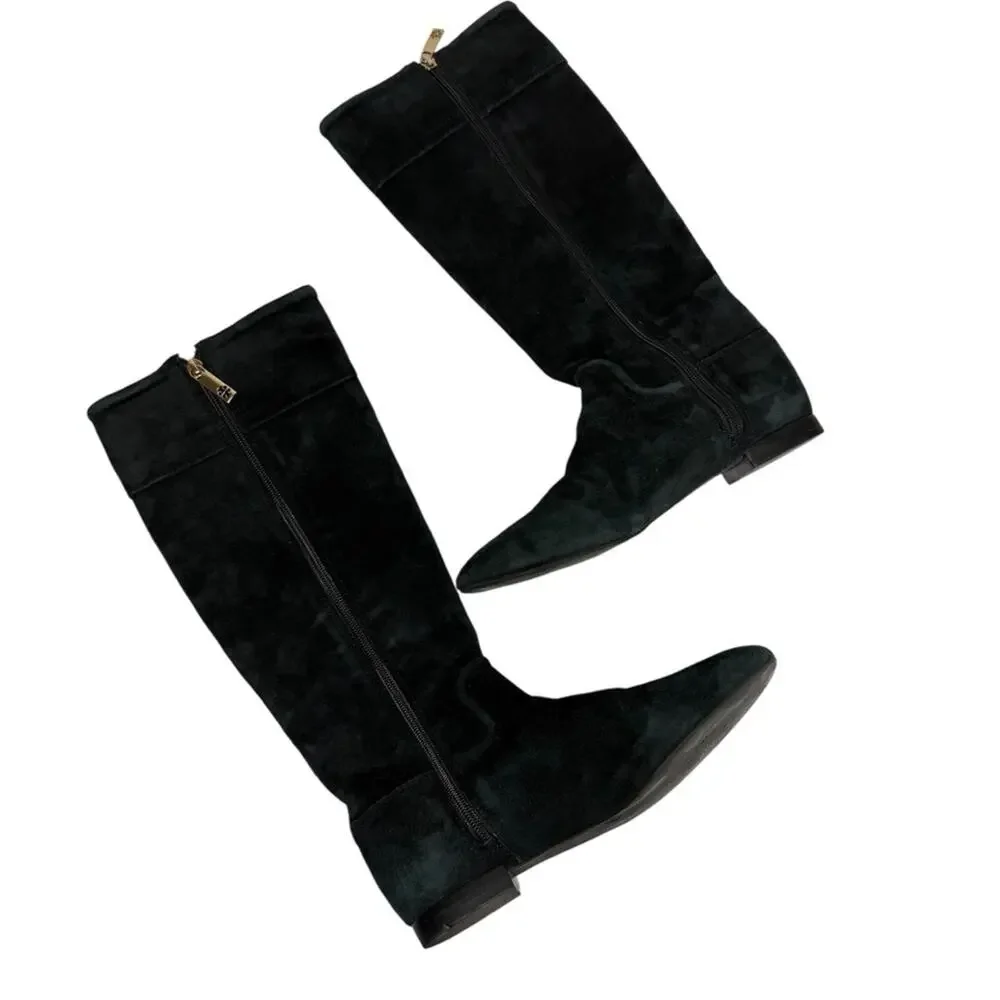 TORY BURCH BLACK SUEDE KNEE LENGTH FLAT BOOTS ZIPPER & GOLD LOGO MEDALLION 7.5